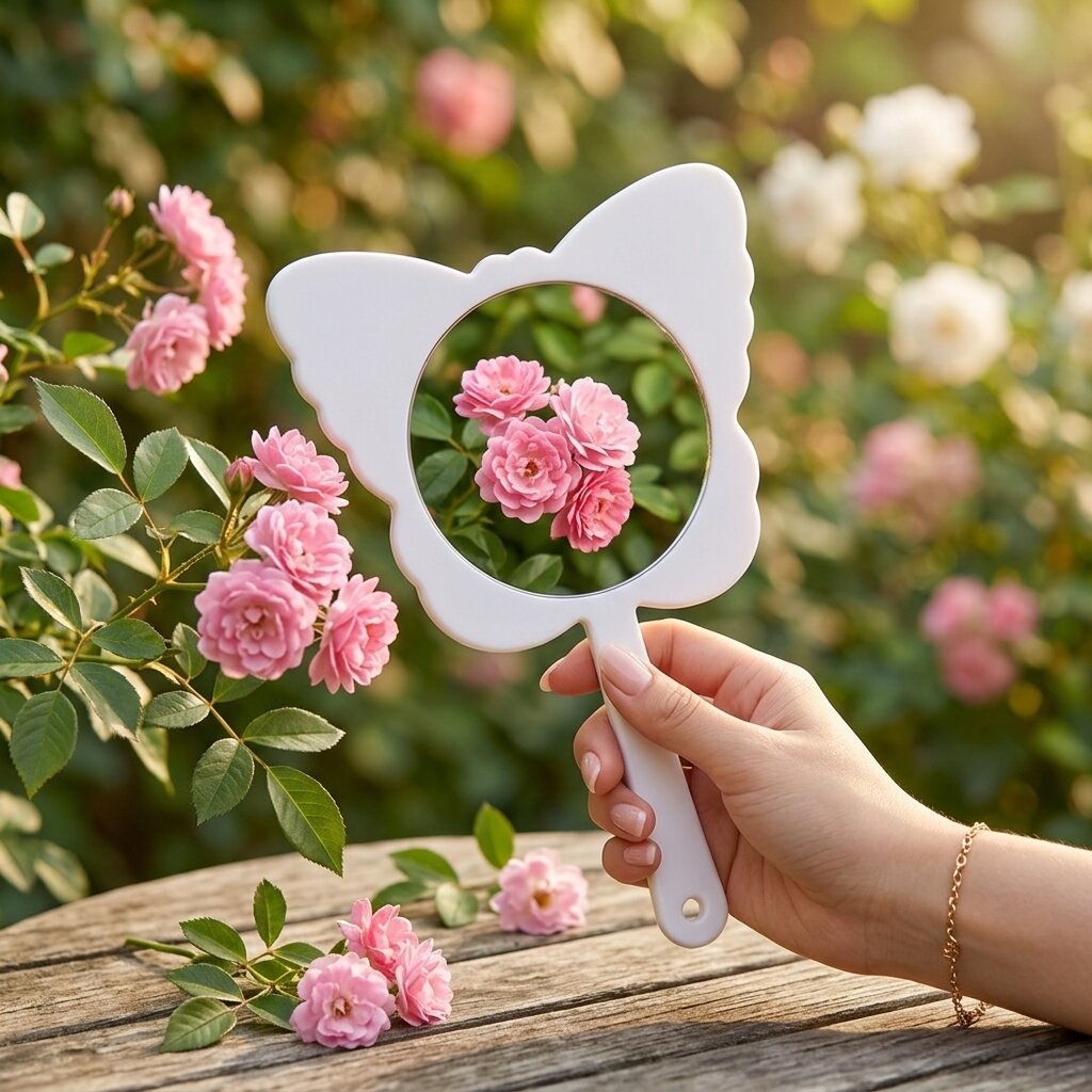Beauty Makeup Looks - Butterfly Shape Handheld Mirror Floral Pattern